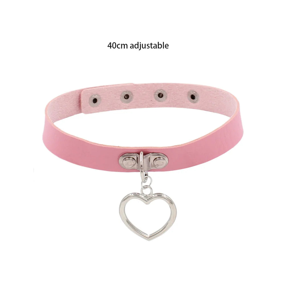 Pink Sexy Trendy Rock Gothic Collar Necklaces Jewelry Gothic Leather Heart Rivets Harajuku Punk Choker Necklace for Women Gift
