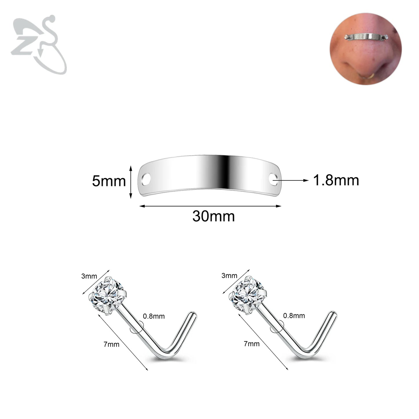 ZS 1 Set 24/30/35/40/45/50MM Stainelss Steel Nose Piercing For Men Women Punk Adjustable Nostril Bridge Piercings Body Jewelry