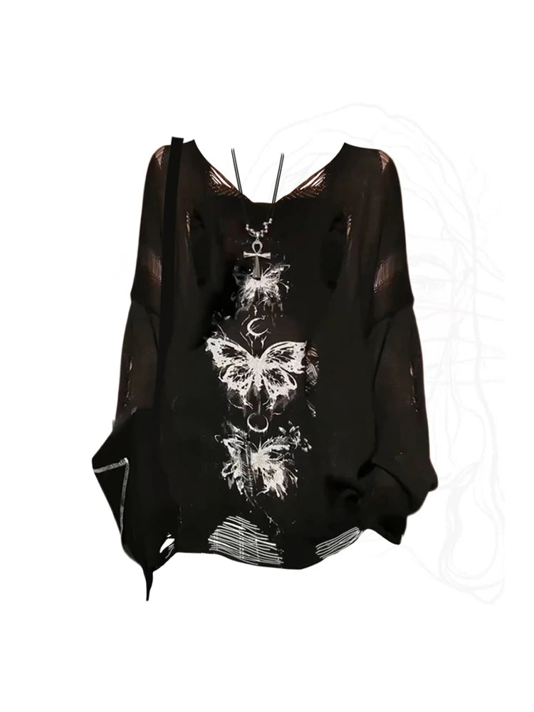 Women's Black Gothic Graffiti Print T-shirt Harajuku Korean Y2k 90s Vintage Long Sleeve Emo Torn T-shirts Clothes 2000s Summer