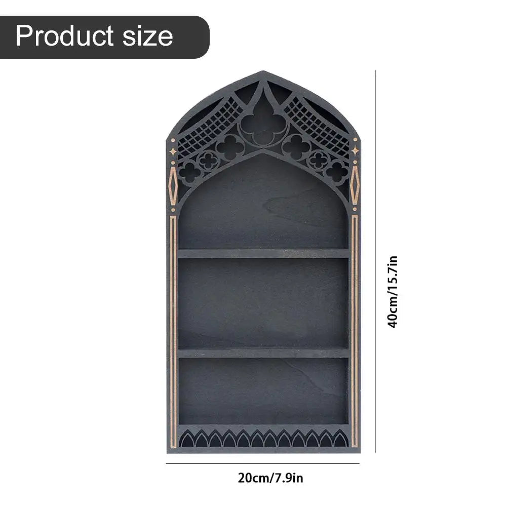 Wall Display Shelf Wood Church Window Design Stones Holder Black Wooden Shelf For Wall For Office Gothic Room Decoration