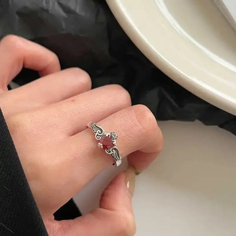 Stainless Steel Ring Heart Red Zircon Rings for Women Gothic Adjustable Open Rings Wedding Luxury Jewelry Accessories Anillos