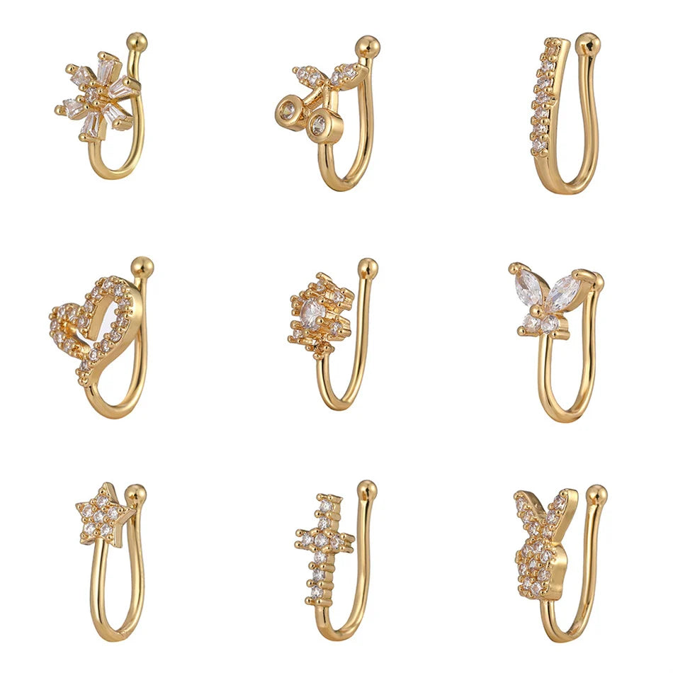 Fake Nose Ring Crystal Ear Cuff False Piercing Body Jewelry for Women Teens Golden Silver Color CZ Zircon Cooper Clip Ornaments