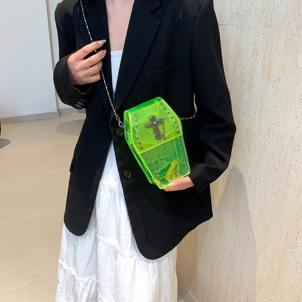 Gothic Crossbody Bag for Women Coffin Shaped Bag PVC Clear Jelly Y2K Punk Chain Shoulder Bag Female Stadium Approved Phone Bag