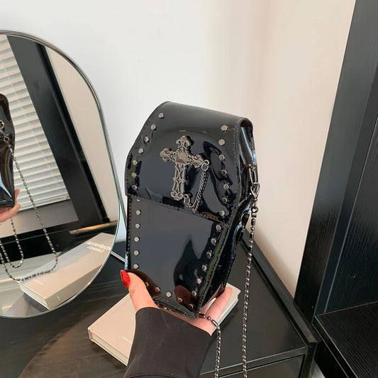 Gothic Crossbody Bag for Women Coffin Shaped Bag PVC Clear Jelly Y2K Punk Chain Shoulder Bag Female Stadium Approved Phone Bag