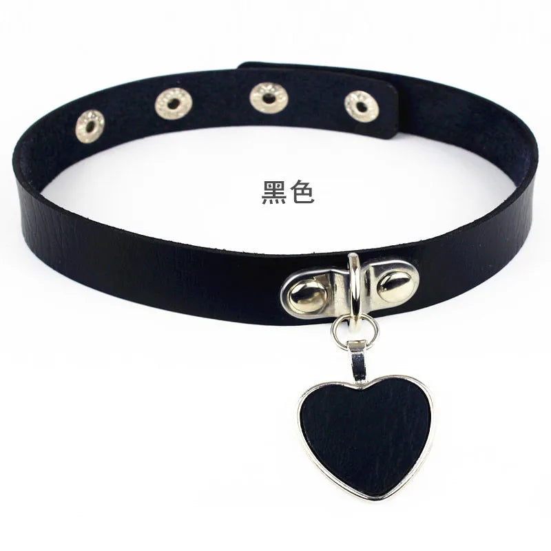 New Sexy Harajuku PU Leather Chain Heart Pendant Necklaces Women Men Punk Neck Gothic Black Pink Choker Necklace Cool Collar