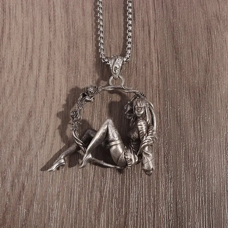 Cartoon Mechanical High Heels Dancing Girl Wreath Pendant Necklace Men and Women Hip Hop Trend Charm Jewelry Gift
