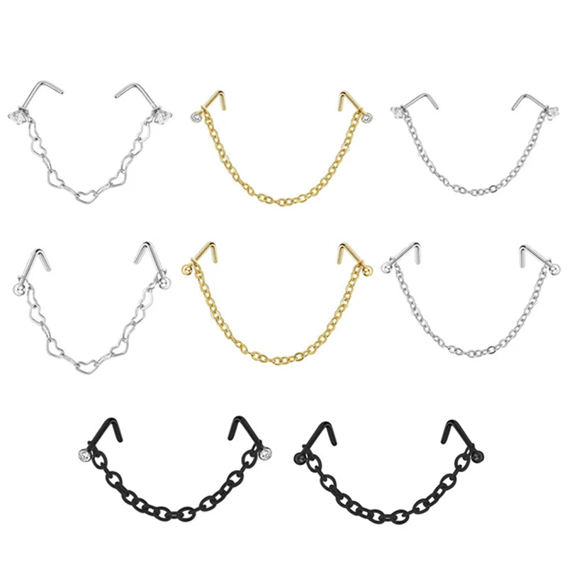1pc Nose Ring With Chain Double Piercing Nose Stud Zircon L Shaped Stainless Steel Nostril Body Jewelry