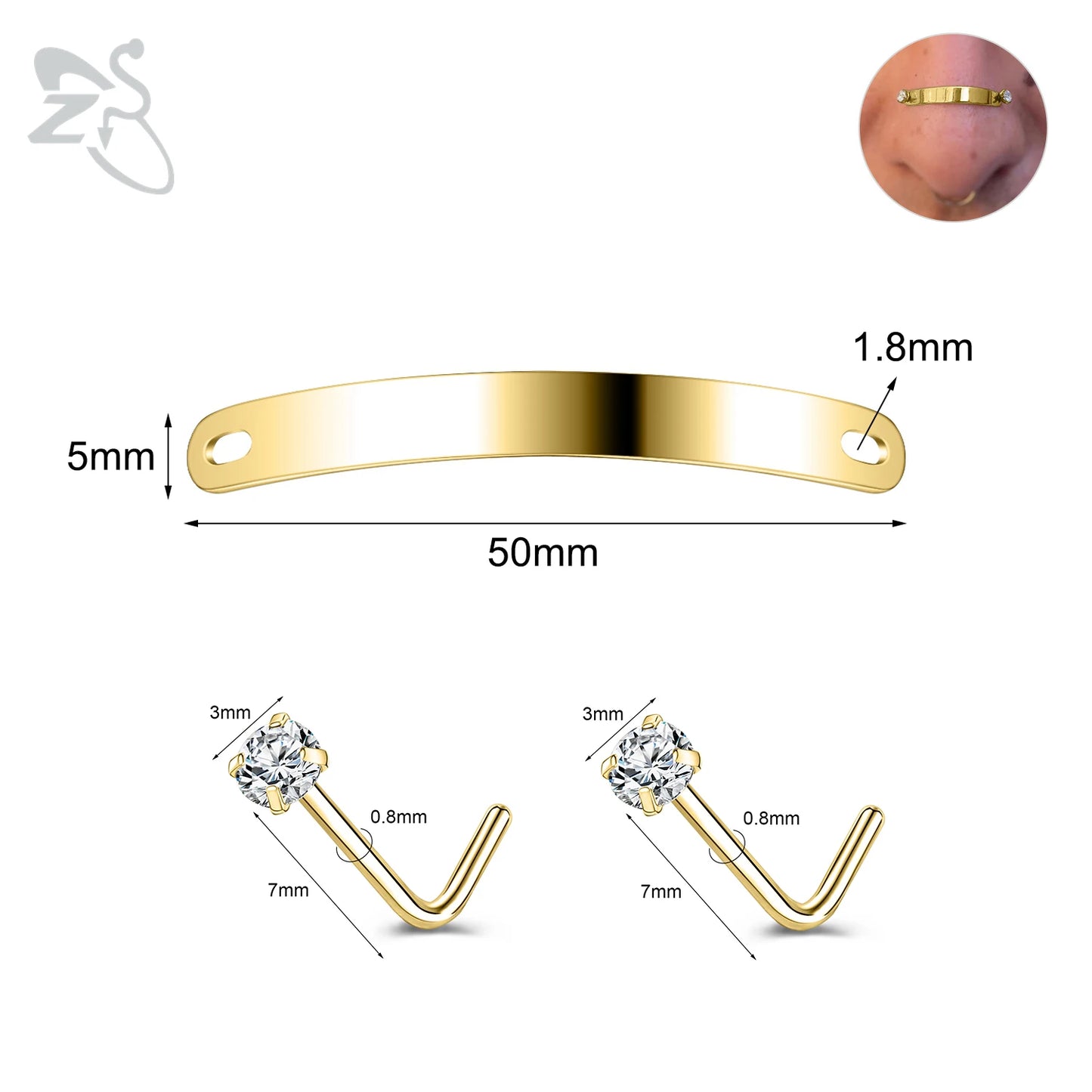 ZS 1 Set 24/30/35/40/45/50MM Stainelss Steel Nose Piercing For Men Women Punk Adjustable Nostril Bridge Piercings Body Jewelry
