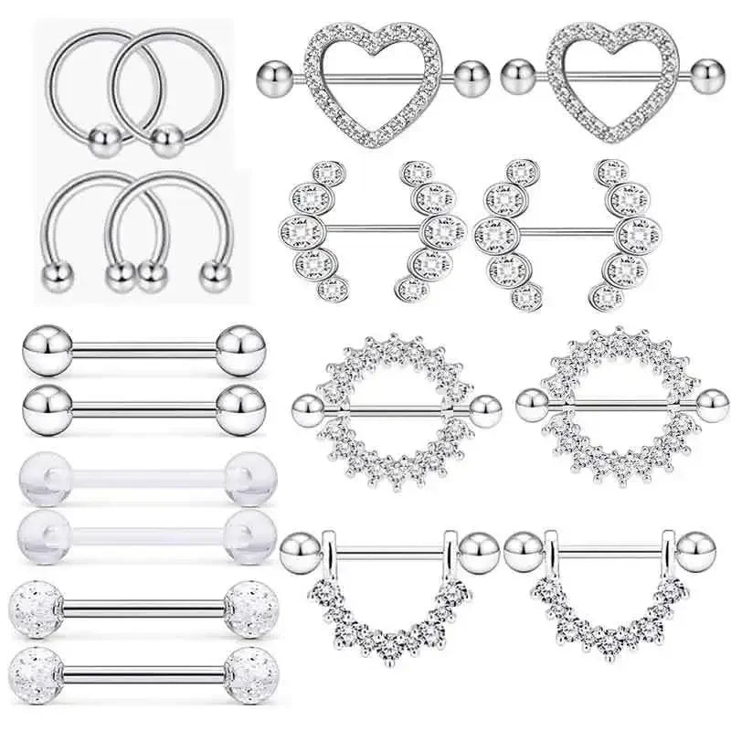 Fashion Stainless Steel Heart Nipple Piercing Set Jewelry Flower Nipple Barbell Pack Crystal Nipple Ring Lot Sexy Body Piercing