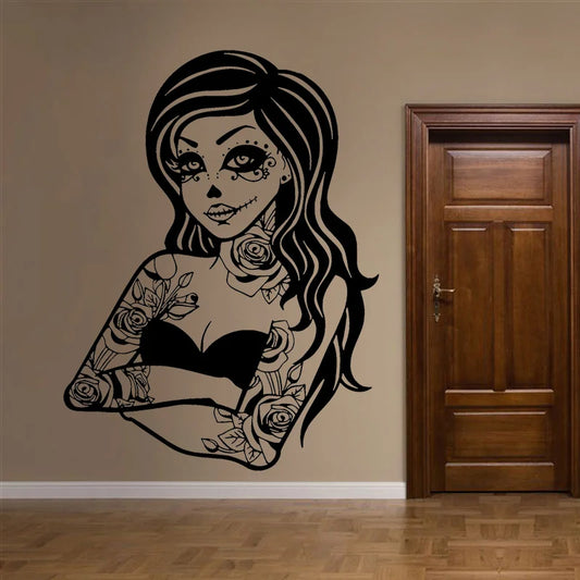 Horror Gothic Tattoo Dead Girl Wall Sticker Vinyl Art Home Decor for Boys Teens Room Decals Halloween Decoration Wallpaper G074