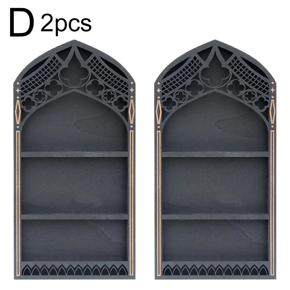 Wall Display Shelf Wood Church Window Design Stones Holder Black Wooden Shelf For Wall For Office Gothic Room Decoration