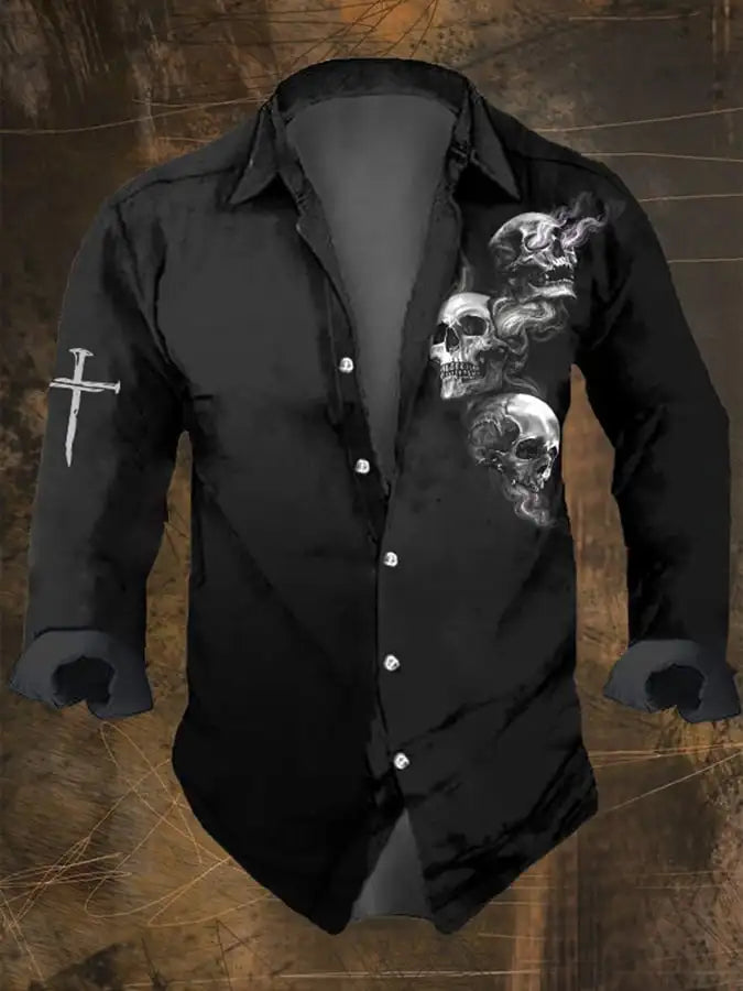 Halloween Men's Retro Dark Skull Prints Long Sleeve Shirt-Faith Chest Print,Regular Fit,Lapel Collar, Polyester Blend Black Tops