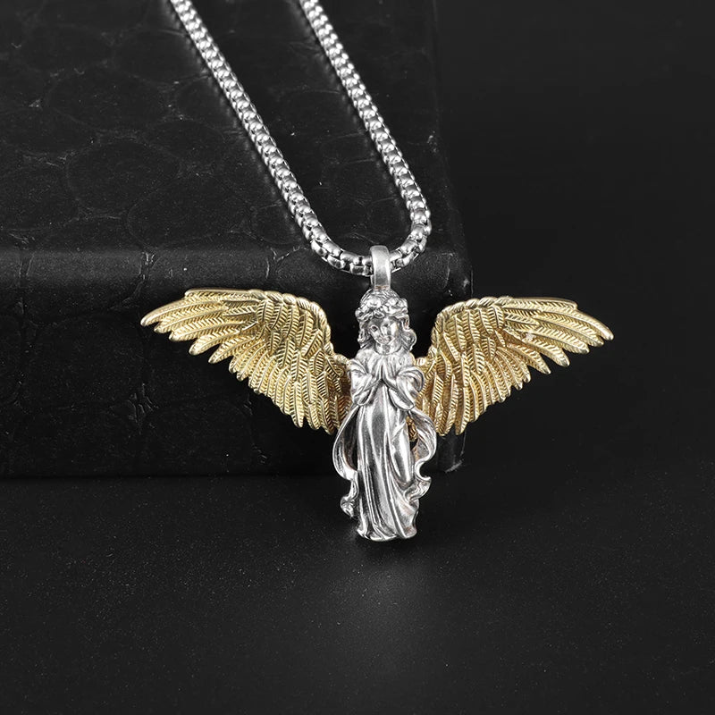 Fashion silver color guardian angel pendant necklace men and women personality angel wings prayer pendant necklace couple gift