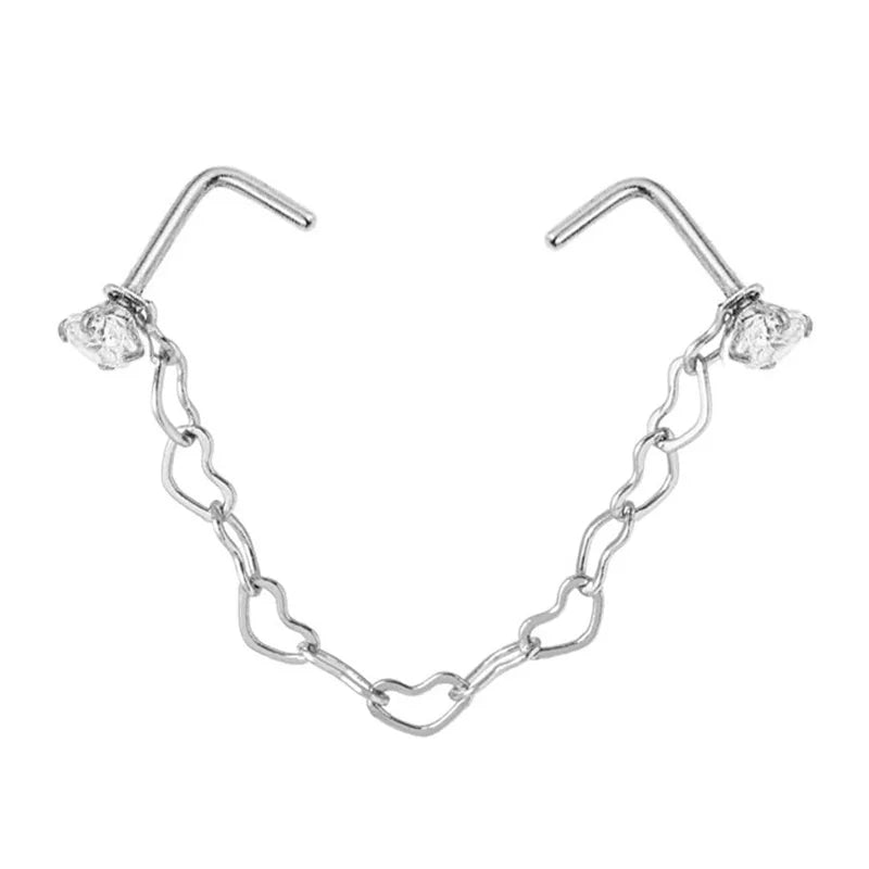 1pc Nose Ring With Chain Double Piercing Nose Stud Zircon L Shaped Stainless Steel Nostril Body Jewelry