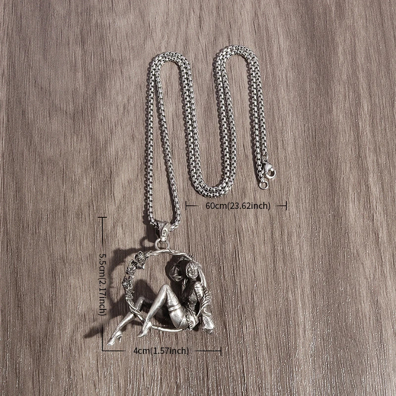 Cartoon Mechanical High Heels Dancing Girl Wreath Pendant Necklace Men and Women Hip Hop Trend Charm Jewelry Gift