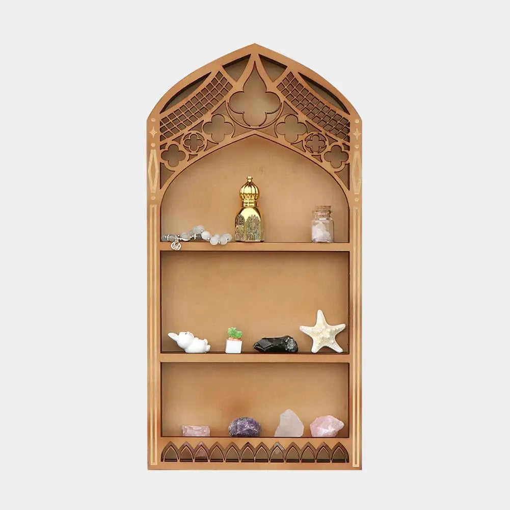 Wall Display Shelf Wood Church Window Design Stones Holder Black Wooden Shelf For Wall For Office Gothic Room Decoration