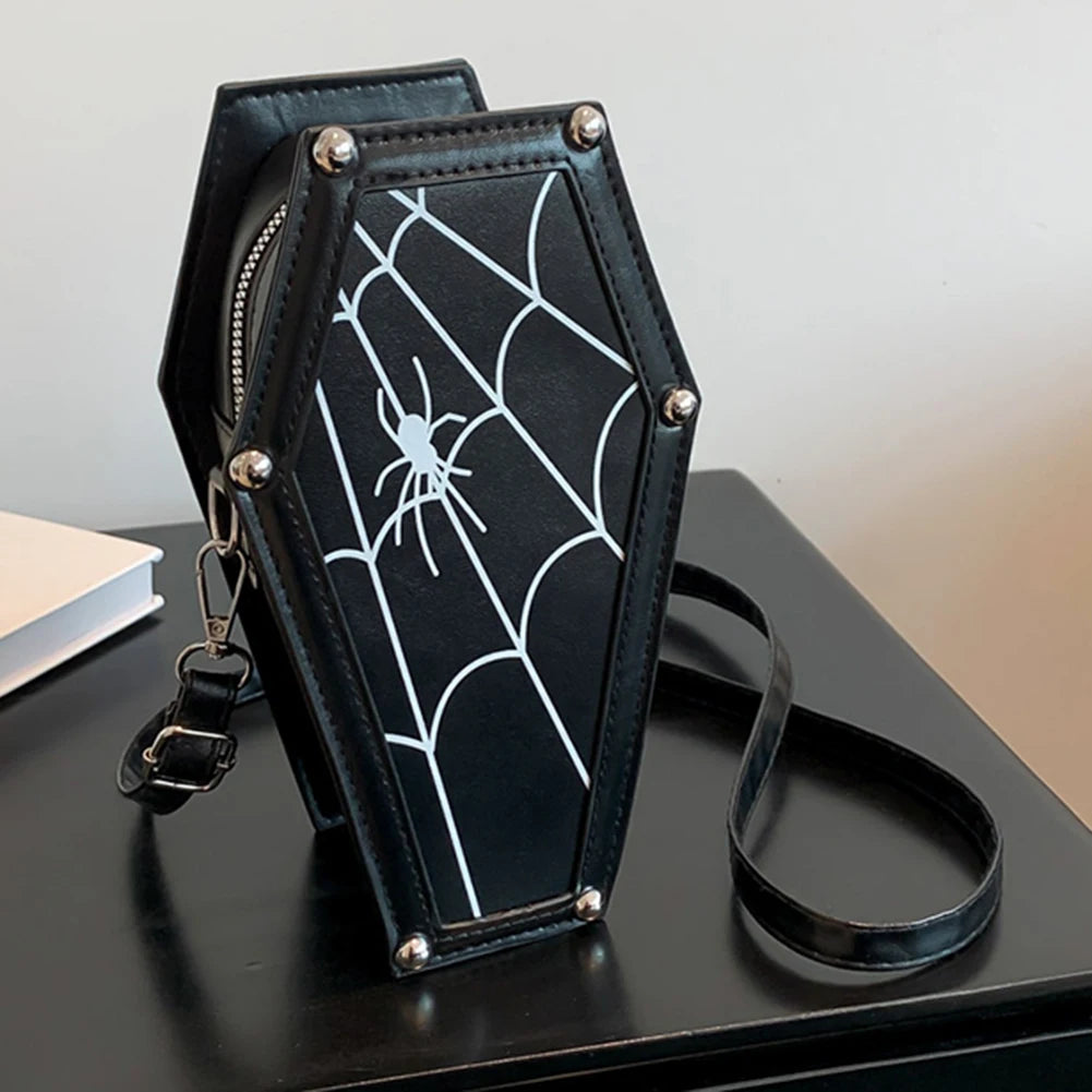 Halloween Cobweb Shoulder Bag Large Capacity Gothic Coffin Shaped Satchel Purse Adjustable Strap Spider Web PU Leather Hobo Bag