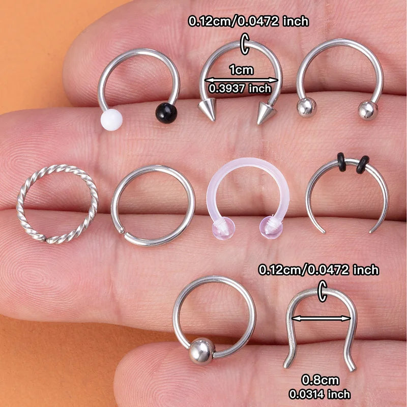 9pcs Hoop Nose Ring Septum Piercing Set Silver Color Surgical Steel Cartilage Earring Tragus Helix Circular BCR Ear Body Jewelry