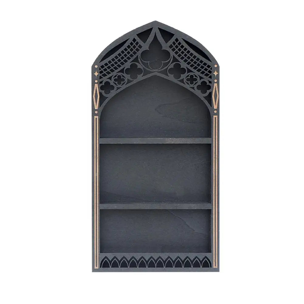 Wall Display Shelf Wood Church Window Design Stones Holder Black Wooden Shelf For Wall For Office Gothic Room Decoration