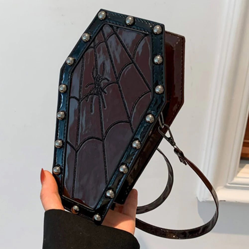 Halloween Cobweb Shoulder Bag Large Capacity Gothic Coffin Shaped Satchel Purse Adjustable Strap Spider Web PU Leather Hobo Bag
