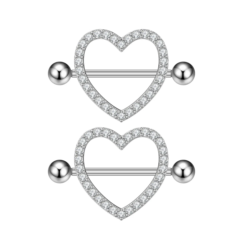 2pcs Cute Nipple Piercings Barbell Stainless Steel Crystal Nipple Shield Cover Heart Flower Nipple Rings Jewelry Body 1.6mm*16mm