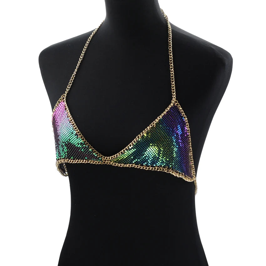 Mesh Sequin Body chain Bra Bikini Chain women Statement Metal bra chain bralette Beach Party Harness body jewelry