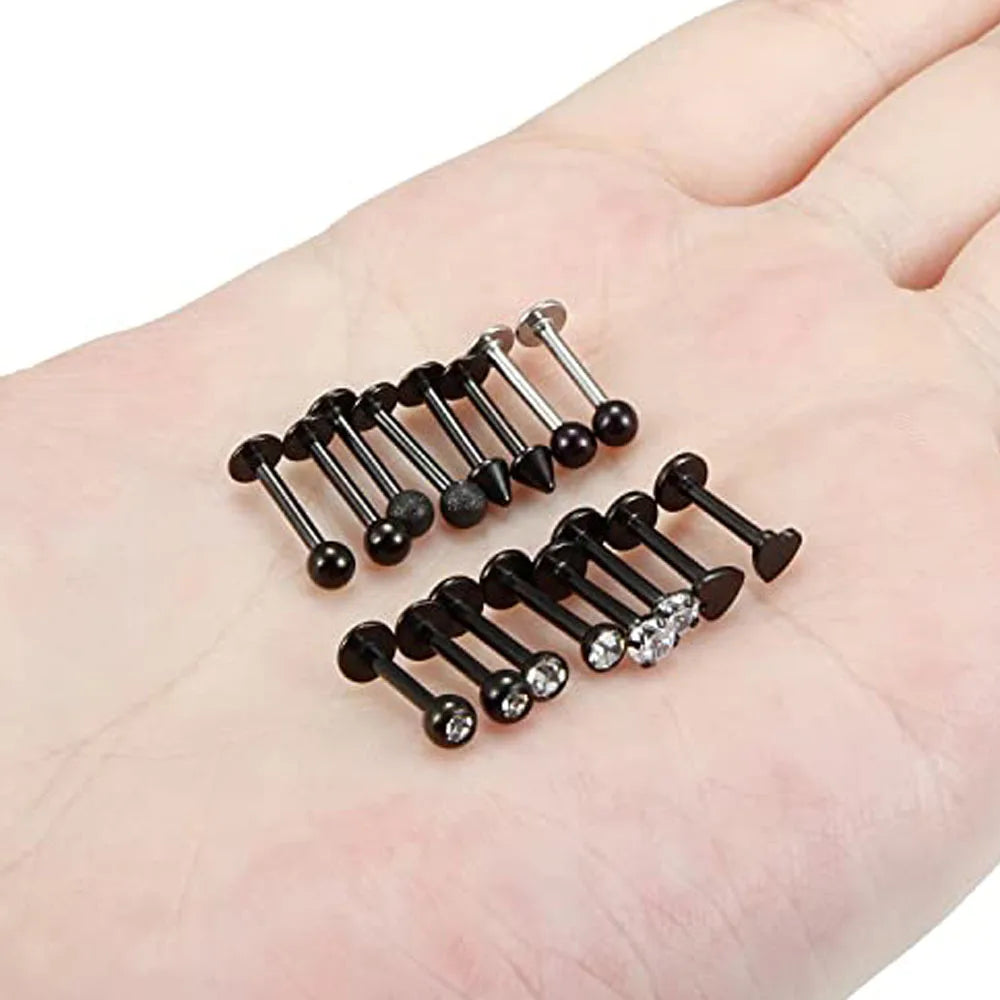 1-16pcs 16G Stainless Steel Lip Rings Studs Medusa Labret Monroe Tragus Helix Cartilage Forward Earrings Piercing Jewelry Black