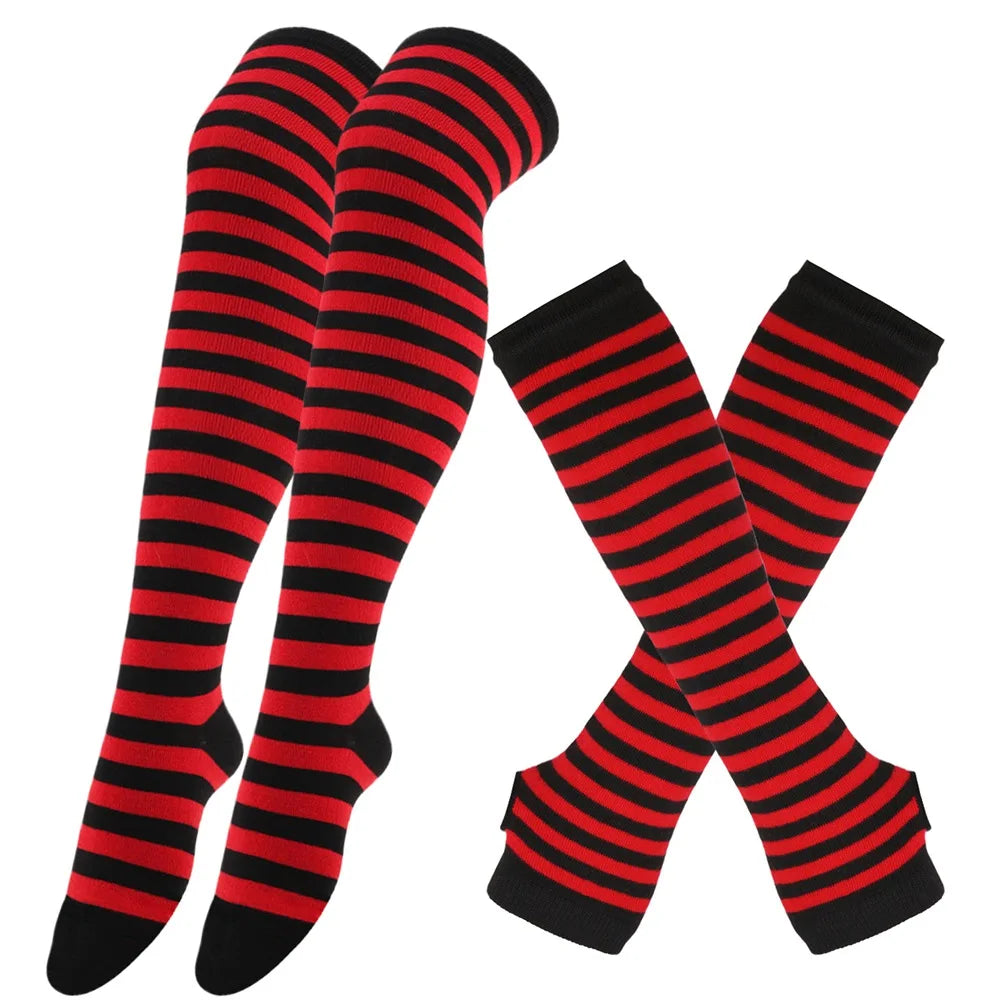 2Pair/Set Women Gothic Punk Over Knee Long Stripe Socks Girl Arm Sleeve Gloves Thigh High Cotton Socks Sweet Cute Christmas Gift