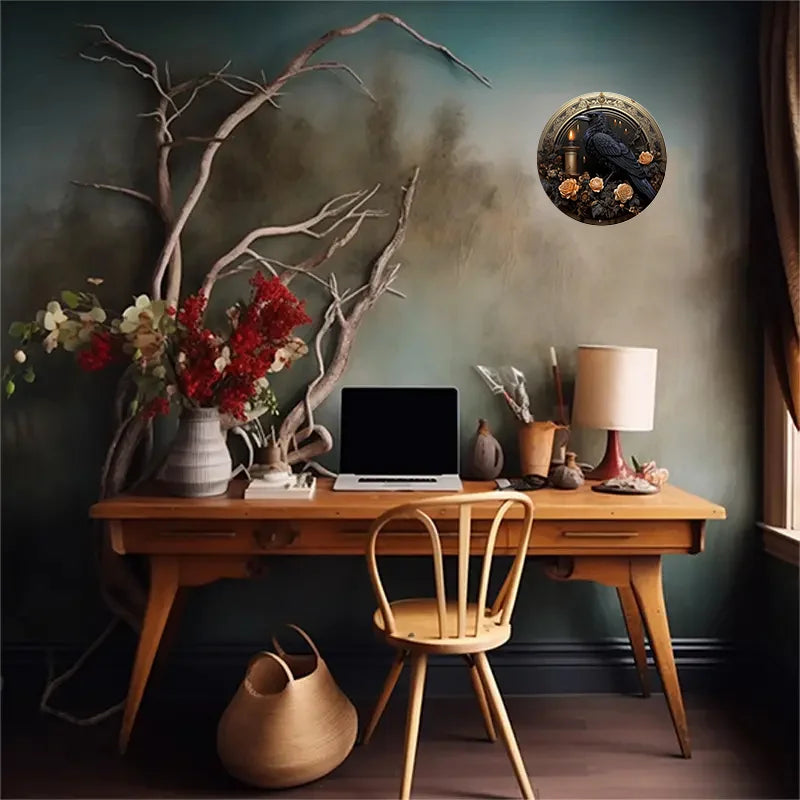 Round Metal Aluminum Mark Gothic Raven, Dark Romance Style, for Home, Living Room, Coffee Shop, Office, Wall Decoration Art