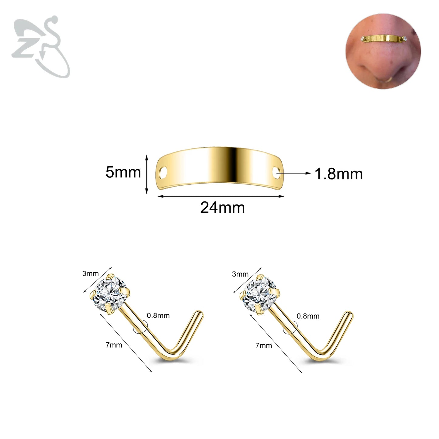 ZS 1 Set 24/30/35/40/45/50MM Stainelss Steel Nose Piercing For Men Women Punk Adjustable Nostril Bridge Piercings Body Jewelry