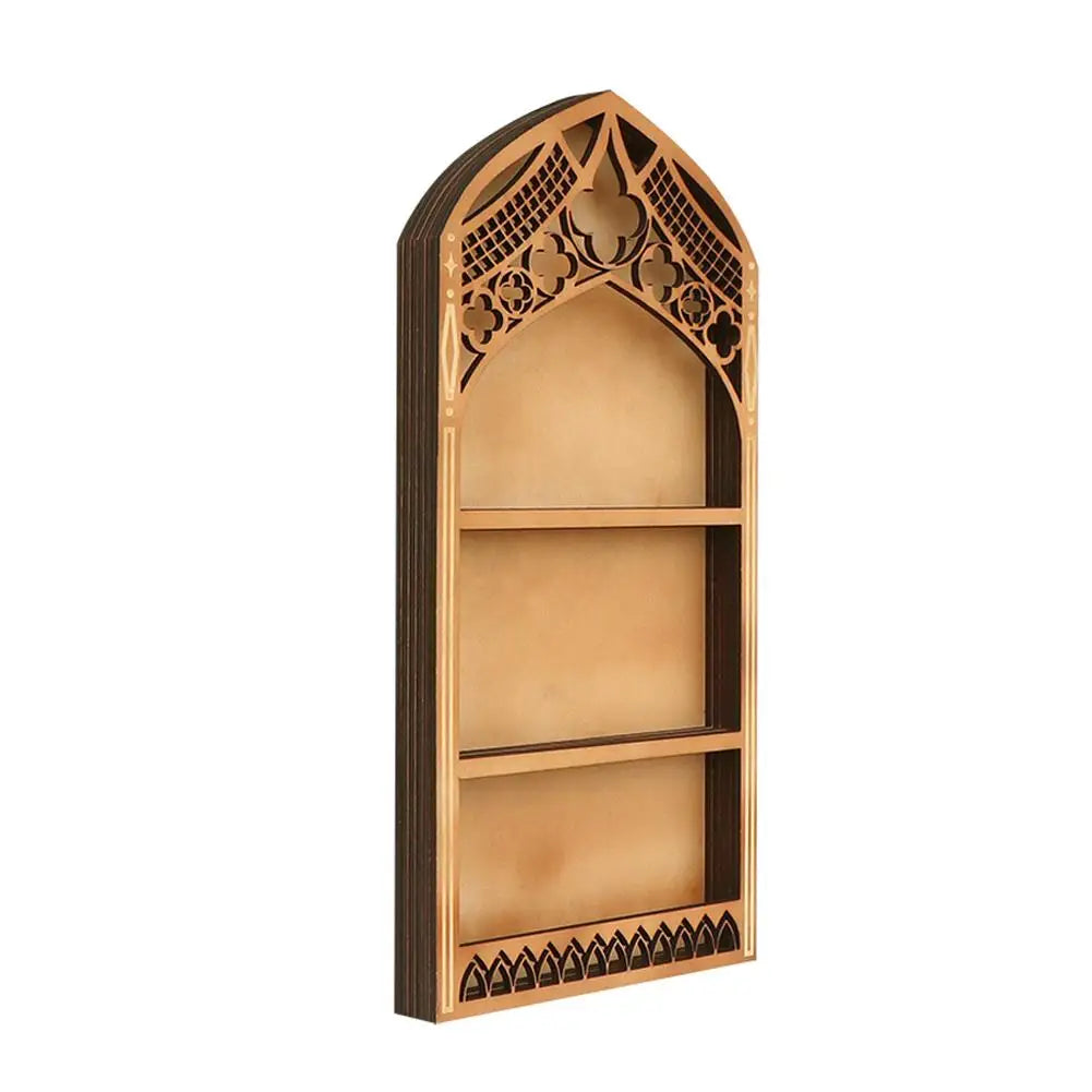 Wall Display Shelf Wood Church Window Design Stones Holder Black Wooden Shelf For Wall For Office Gothic Room Decoration