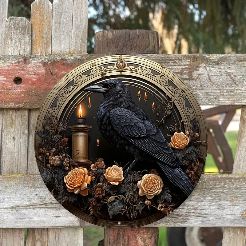 Round Metal Aluminum Mark Gothic Raven, Dark Romance Style, for Home, Living Room, Coffee Shop, Office, Wall Decoration Art