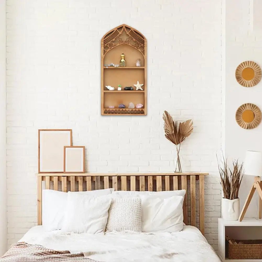 Wall Display Shelf Wood Church Window Design Stones Holder Black Wooden Shelf For Wall For Office Gothic Room Decoration