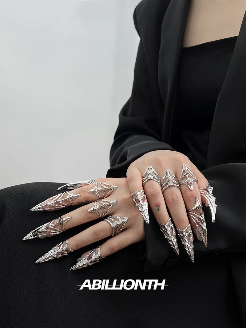 Punk Metal Nail Cover Bone Ring Gothic Rock Machinery Manicure Fingertip Ring Multilayer Finger Rings Cosplay Jewelry Set Gift