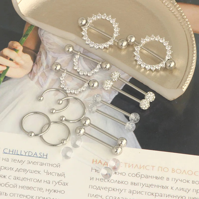 Fashion Stainless Steel Heart Nipple Piercing Set Jewelry Flower Nipple Barbell Pack Crystal Nipple Ring Lot Sexy Body Piercing