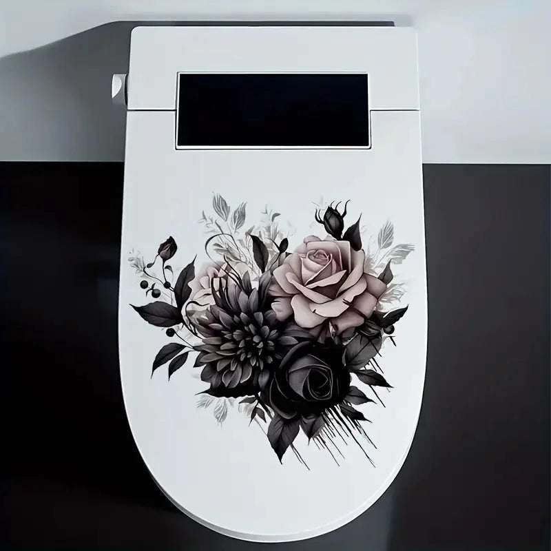 Black Gothic Rose Toilet Stickers, Bright Bathroom for Home Decoration, Vinyl Flower Decals, Art Wall Paper, Poster