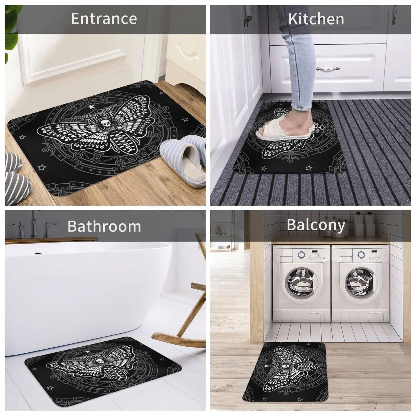 Gothic Witchy Butterfly Moth Floor Mat Mystical Moth Skull Dead Head Welcome Doormat  Anti-Slip Bathroom Mat Entrance Rug Carpet