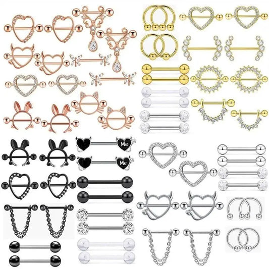 Fashion Stainless Steel Heart Nipple Piercing Set Jewelry Flower Nipple Barbell Pack Crystal Nipple Ring Lot Sexy Body Piercing