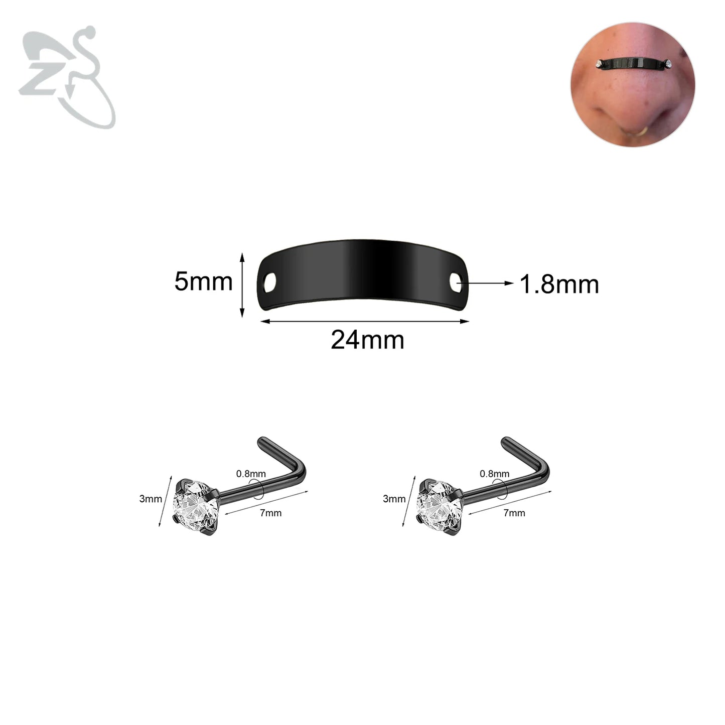 ZS 1 Set 24/30/35/40/45/50MM Stainelss Steel Nose Piercing For Men Women Punk Adjustable Nostril Bridge Piercings Body Jewelry