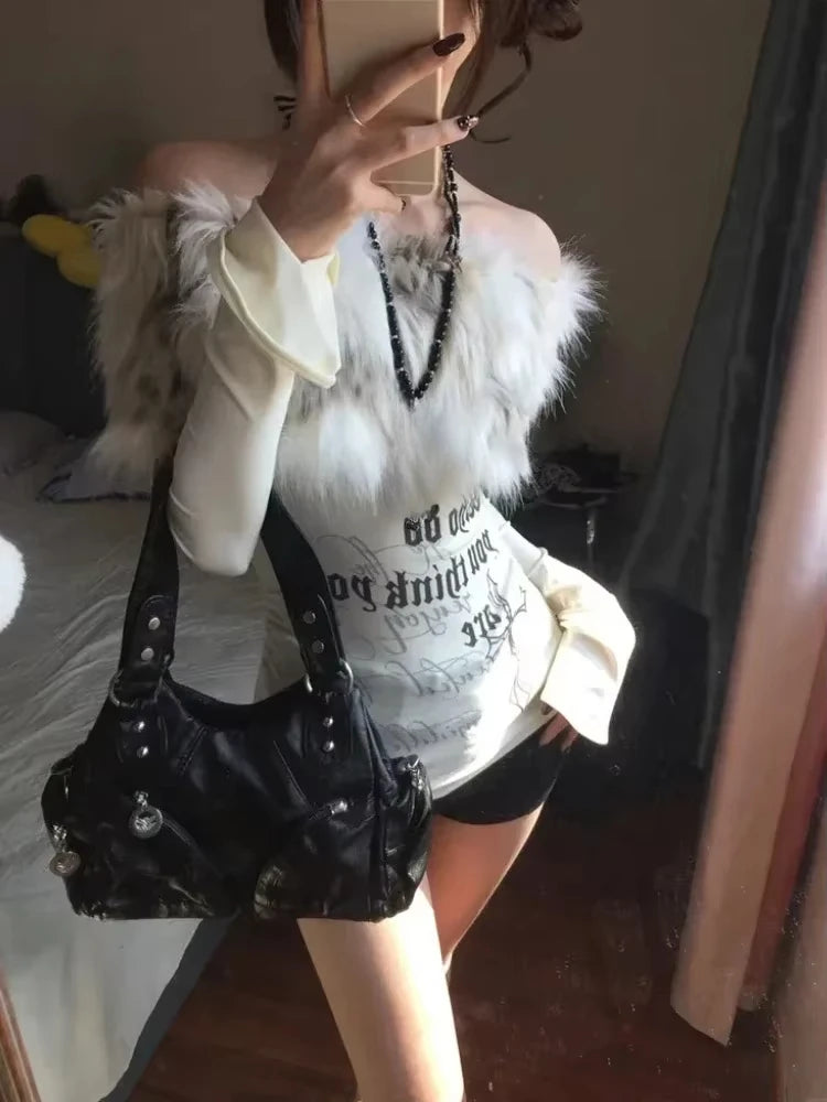 Harajuku T Shirts Women Skull Print Slash Neck Y2k Tops Fashion Gothic 2000s Vintage Tees Streetwear Punk Letter Black Tshirts