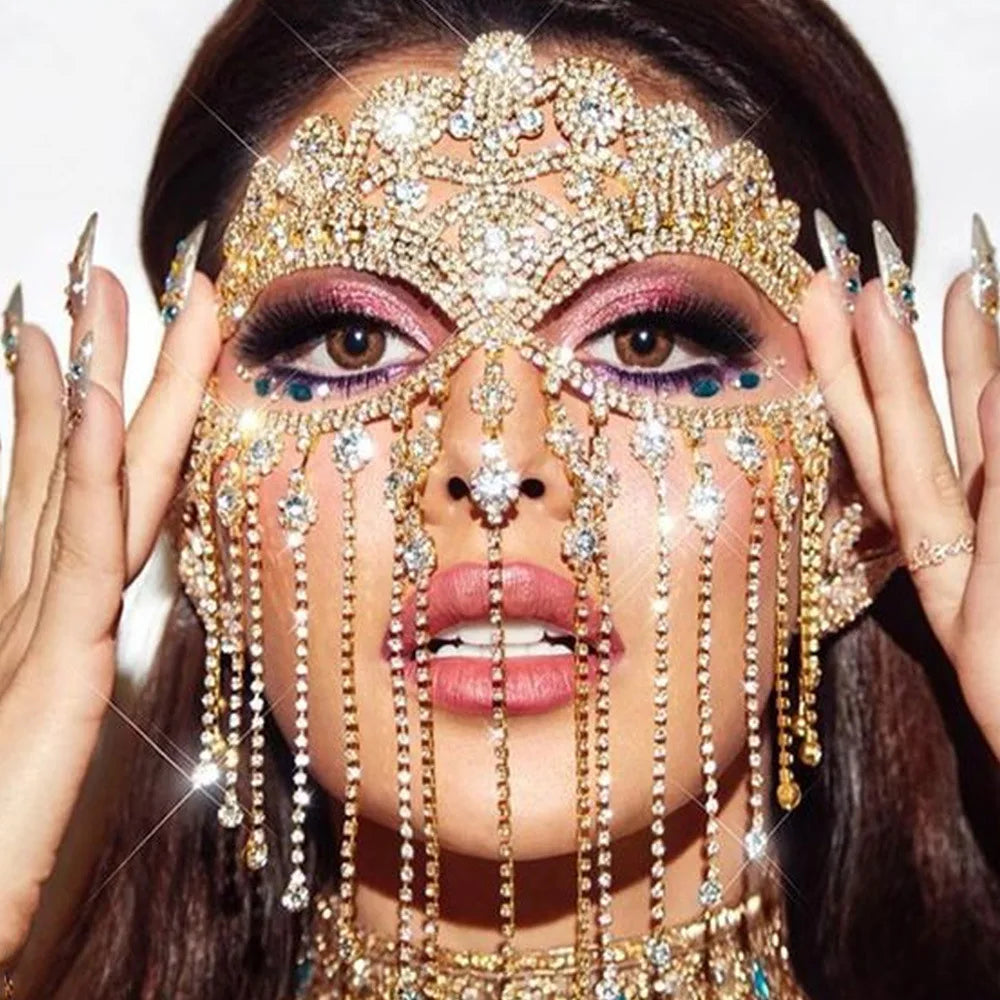 Fashion Charming Rhinestone Tassel Veil Masks for Women Bohe Face Jewelry Chain Masquerade Dance Party Sexy Costume Accessories