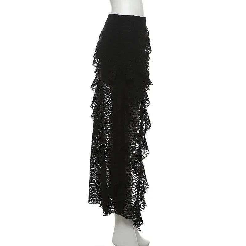 Sexy High Waist Lace Ruffles Skirts Women 2025 Spring Irregular Y2k Skirts Women Fashion Black Patchwork Party Clubwear Gothic