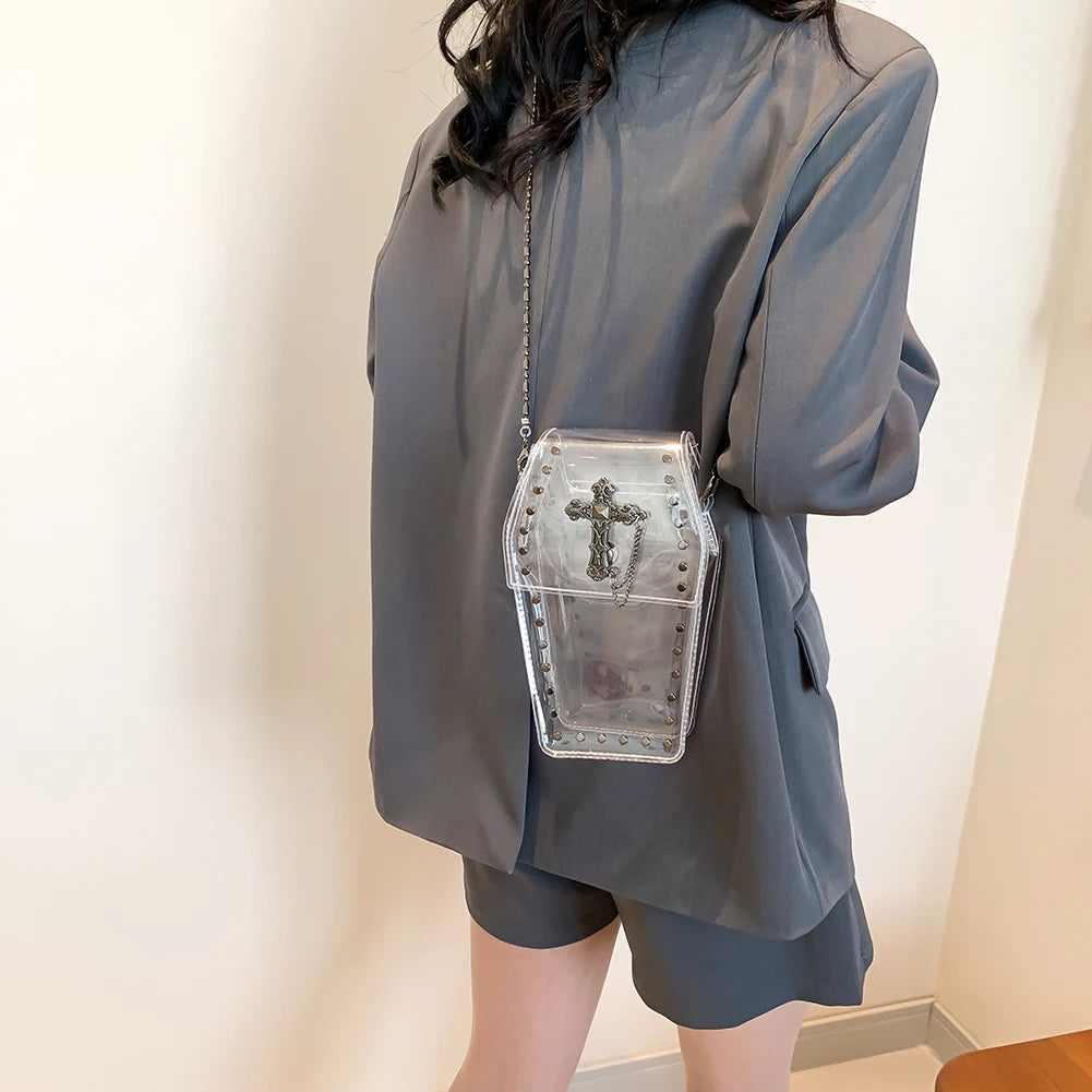 Gothic Crossbody Bag for Women Coffin Shaped Bag PVC Clear Jelly Y2K Punk Chain Shoulder Bag Female Stadium Approved Phone Bag