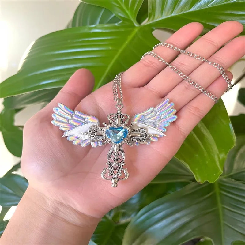 Gothic Sexy Accessory Wings Cross Pendant Necklace Y2K Jewelry Heart Crystal Choker Punk Charm Necklace for Women Korean Fashion