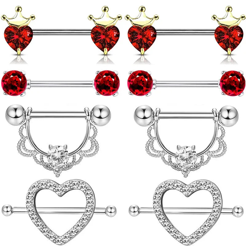 Stainless Steel Crown Nipple Piercing Set Heart Nipple Jewelry Bulk Crystal Nipple Ring Lot Piercing Pezon Body Jewelry Pack