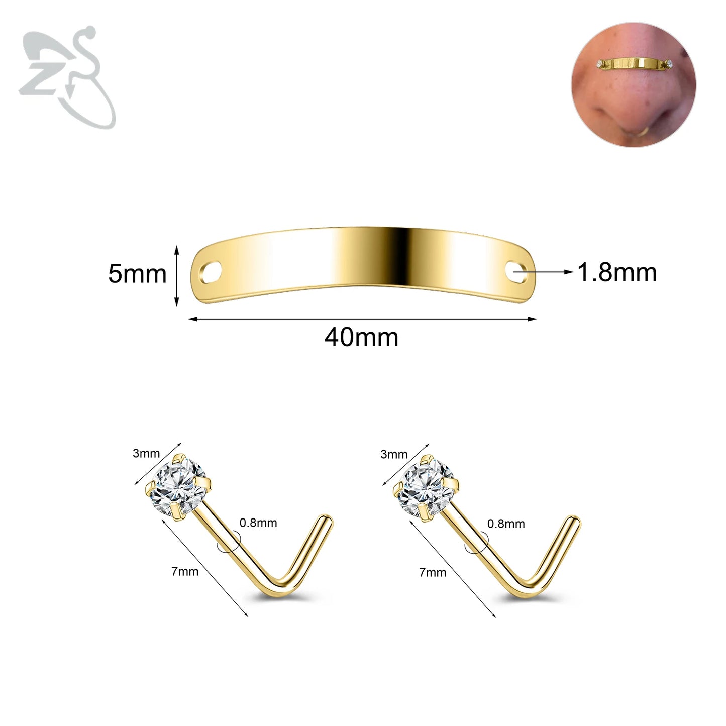 ZS 1 Set 24/30/35/40/45/50MM Stainelss Steel Nose Piercing For Men Women Punk Adjustable Nostril Bridge Piercings Body Jewelry