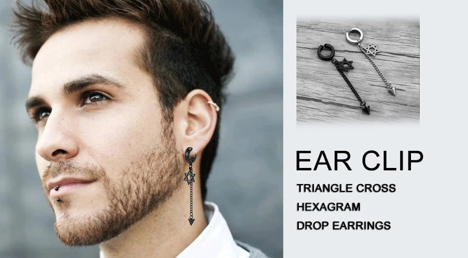 Trend Stianless Steel Tassel Ear Clip 1 Piece Chain Huggie Earrings Triangle Cross Pattern Earrings Men‘s Woman Punk Ear jewelry