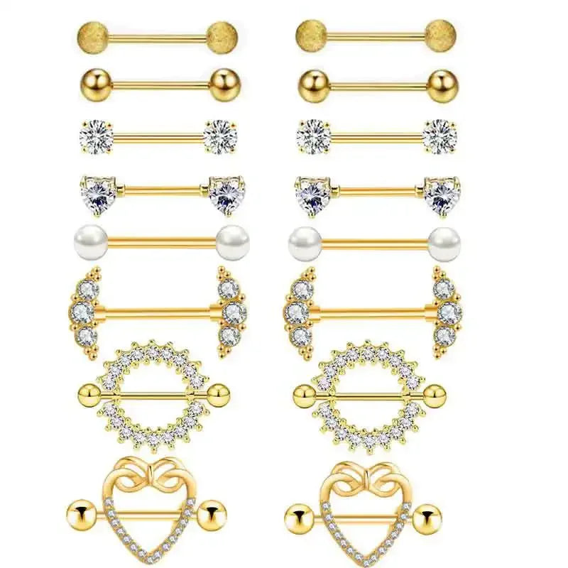 Fashion Stainless Steel Heart Nipple Piercing Set Jewelry Flower Nipple Barbell Pack Crystal Nipple Ring Lot Sexy Body Piercing