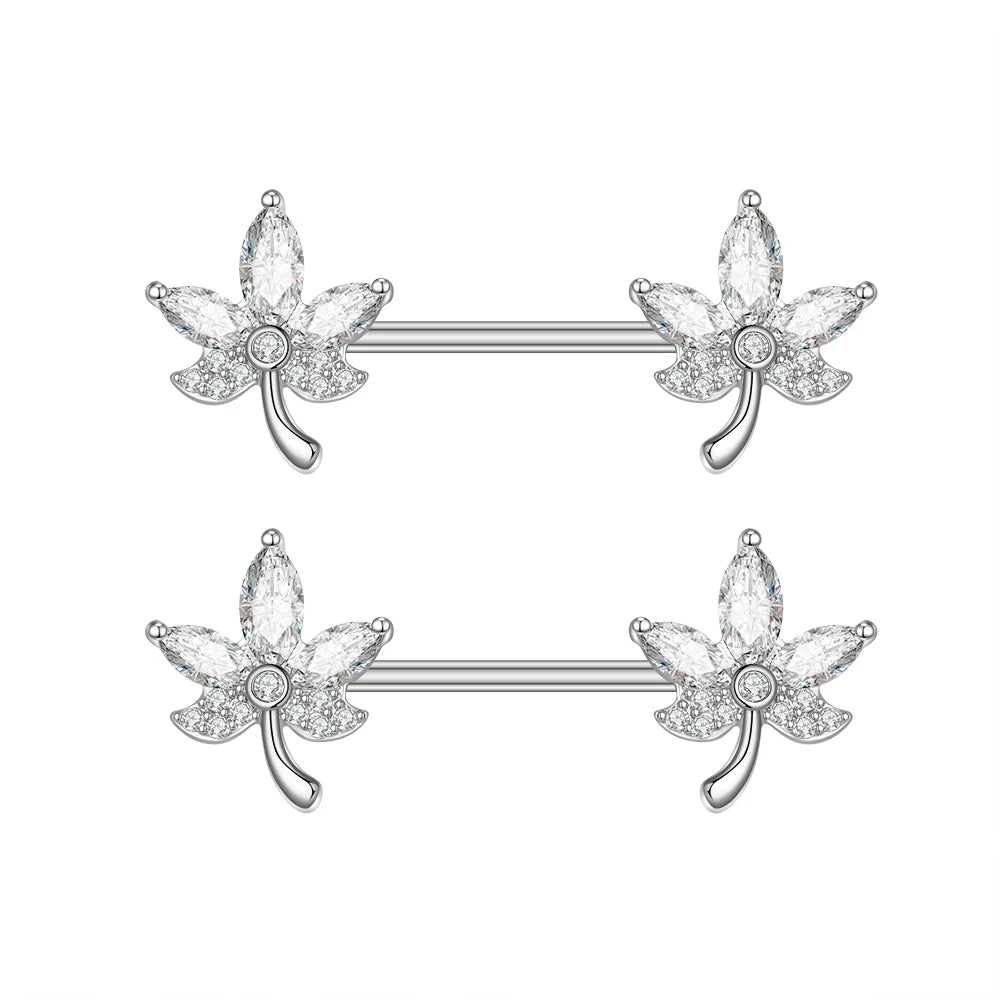 2pcs 316L Steel Maple Leaf Nipple Rings Barbell Butterfly Wing Shield Piercing for Women Girls Sexy Nipple Piercing Body Jewelry