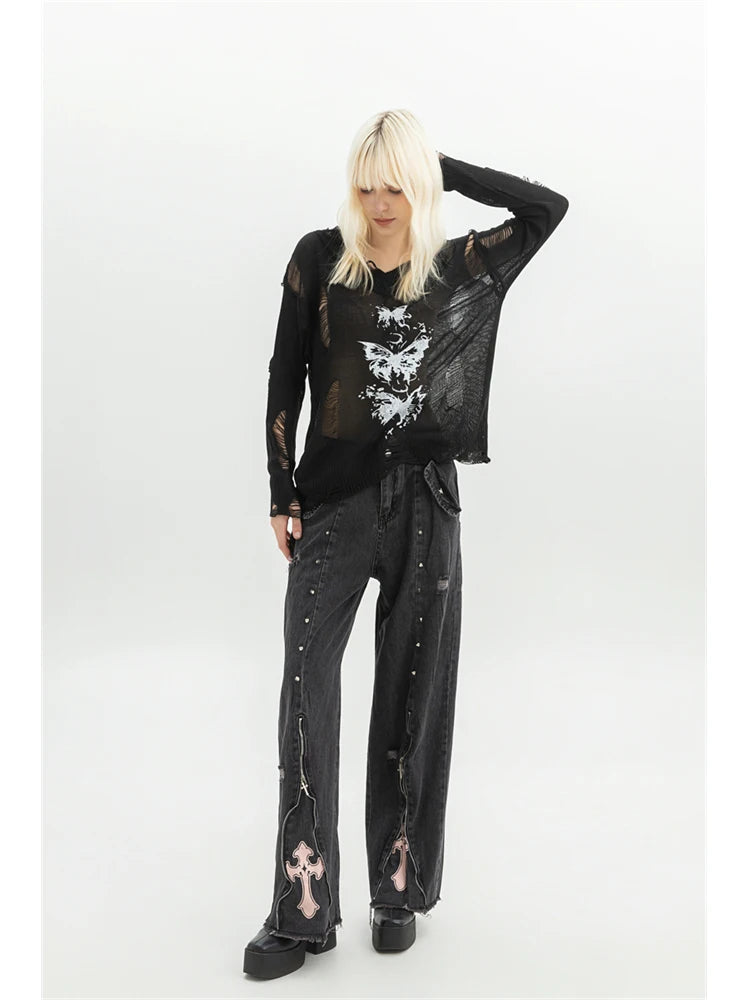 Women's Black Gothic Graffiti Print T-shirt Harajuku Korean Y2k 90s Vintage Long Sleeve Emo Torn T-shirts Clothes 2000s Summer